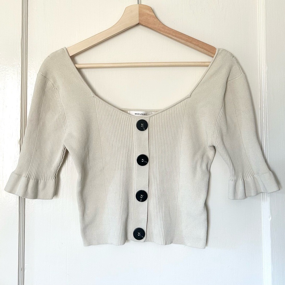 Moussy Front Button Crop Knit Top Ivory Bone White F One Size OS